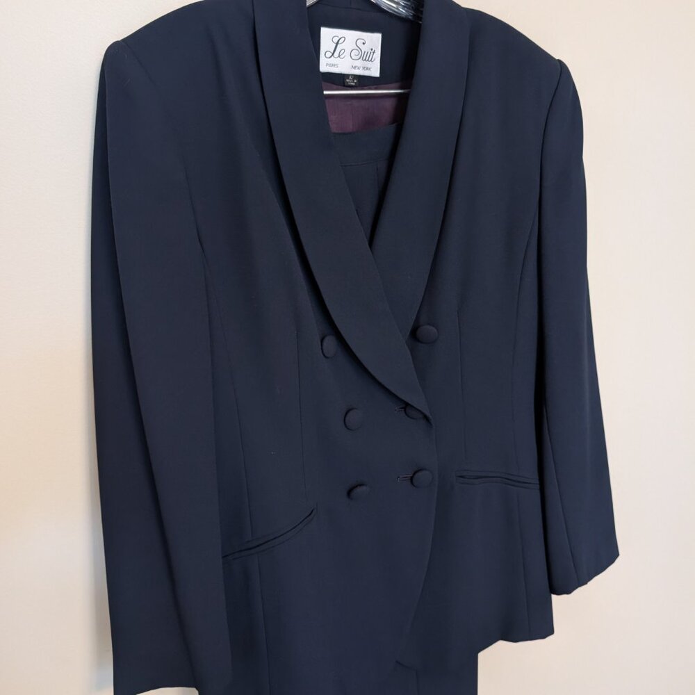 Le Suit Dark Navy Double-Breasted Shawl-Collar Pantsuit - Picture 2 of 16